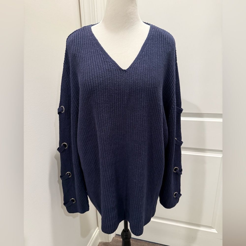 City Chic Deep Blue V-Neck Sweater with Grommet Sleeves